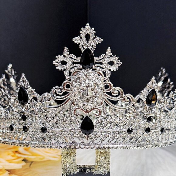 Silver Lion King Crown, Prince Wedding Headpiece, Black Crystal Crown for Groom main image 6